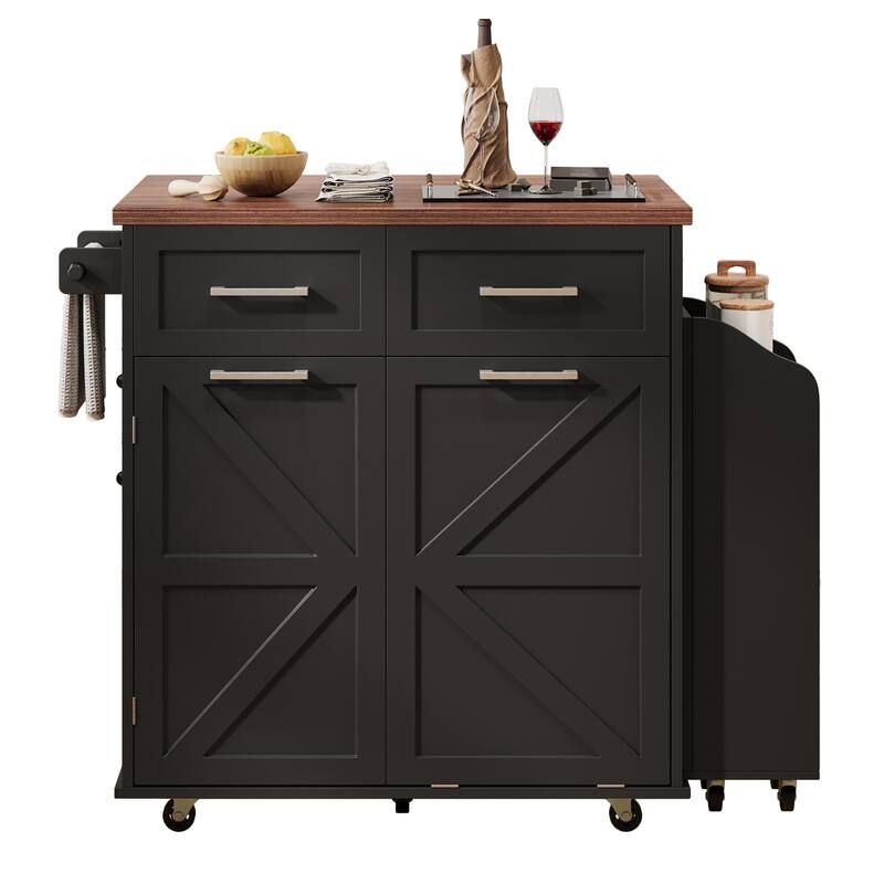 Farmhouse Rolling Kitchen Island Storage Cart on Wheels with Drop Leaf, Removable Side Spice Rack, 2 Drawers, Towel Rack