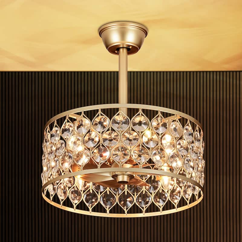 4-Light Luxury Crystal Gold Ceiling Fan Light with Remote for Living Room - 18.5 in. W x 7.9 in. H