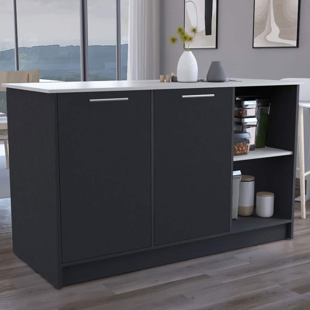 59" Kitchen Island with Large Countertop, Double-Door Cabinets, and Open Shelves, Ideal for Storage & Workspace