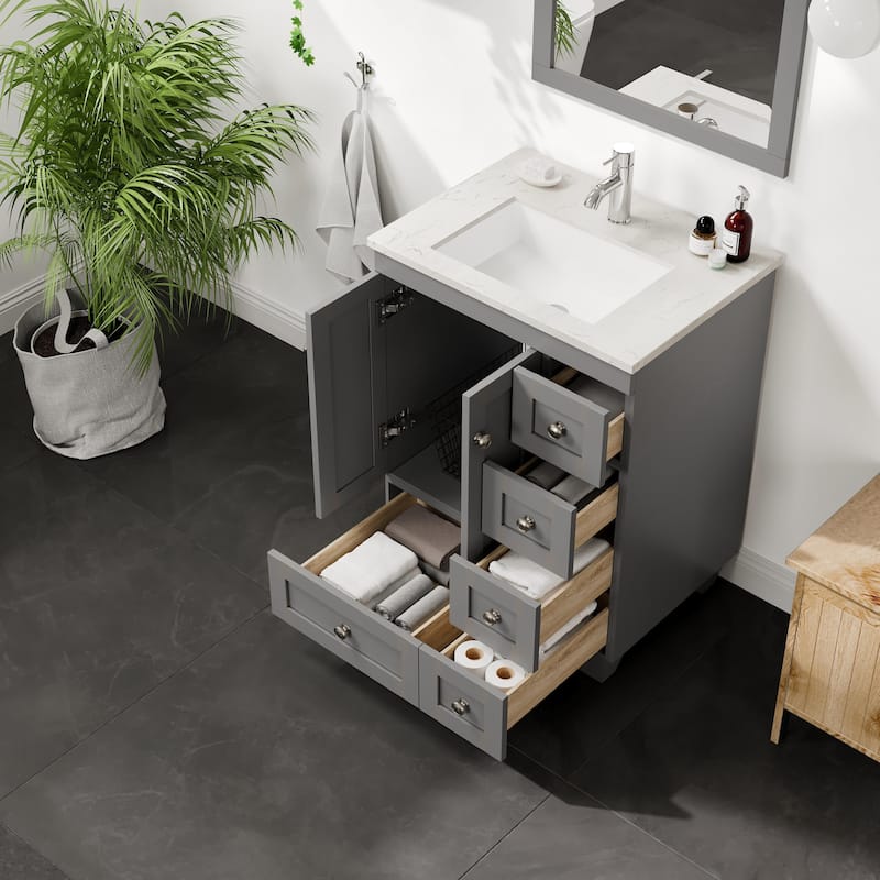 Eviva Happy 24"W x 18"D Gray Bathroom Vanity with White Carrara Quartz Vanity Top and Rectangular Undermount Sink