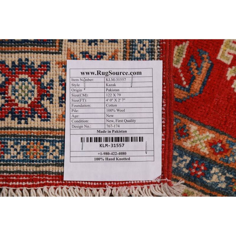 Red Geometric Kazak Foyer Rug Hand-Knotted Wool Carpet - 2'7"x 4'0"