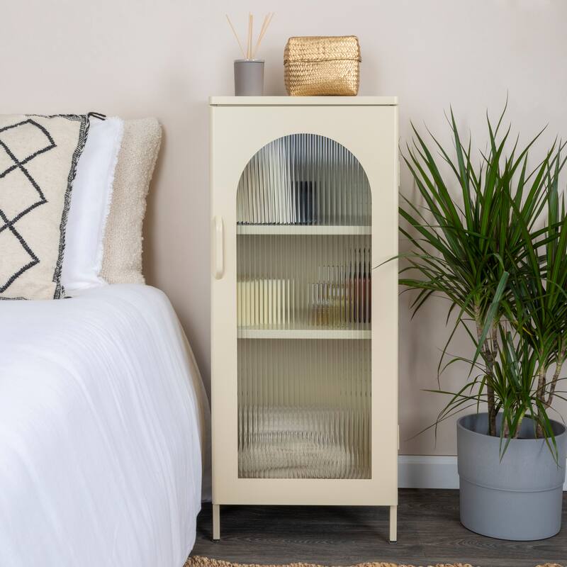 Solstice Metal Accent Cabinet with 2 Adjustable Storage Shelves and Arched Glass Door