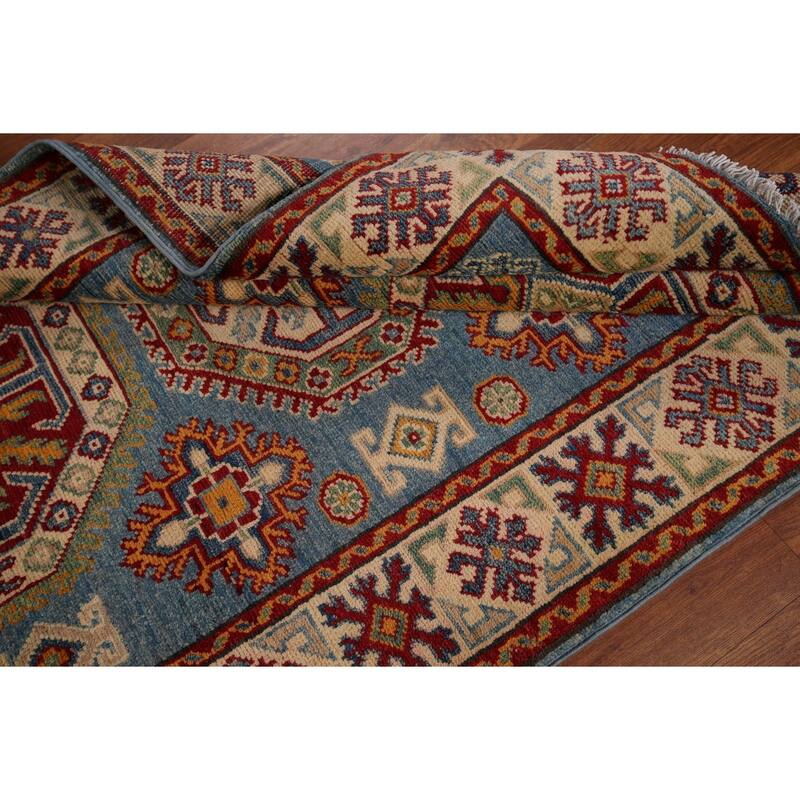 Blue Geometric Kazak Foyer Rug Hand-Knotted Wool Carpet - 3'5" x 4'11"