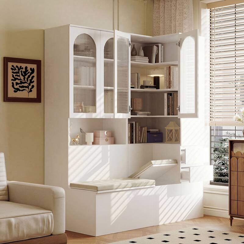 Entryway Cabinet Tempered Glass DoorsStorage Bench with Cushion, Modern Mudroom Hall Tree Organizer with Hidden Storage