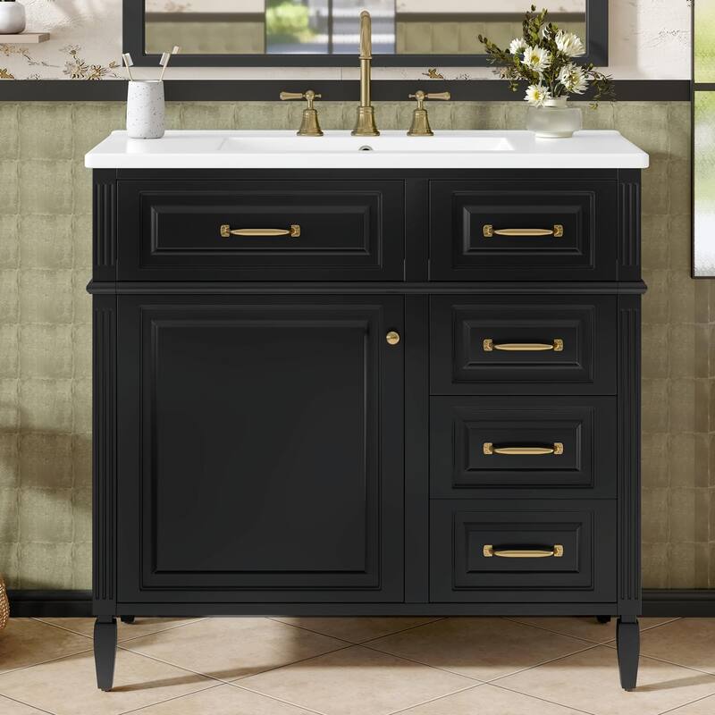 36-Inch Bathroom Vanity with Ceramic Sink Top, Solid Wood Frame and MDF Cabinet