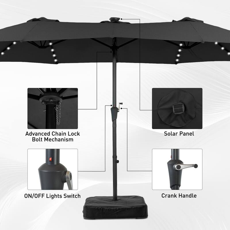 15ft Patio Umbrella Outdoor Market Umbrella with Base and LED Lights