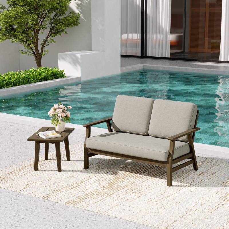 2-Piece Teak Outdoor Loveseat Set with Table.