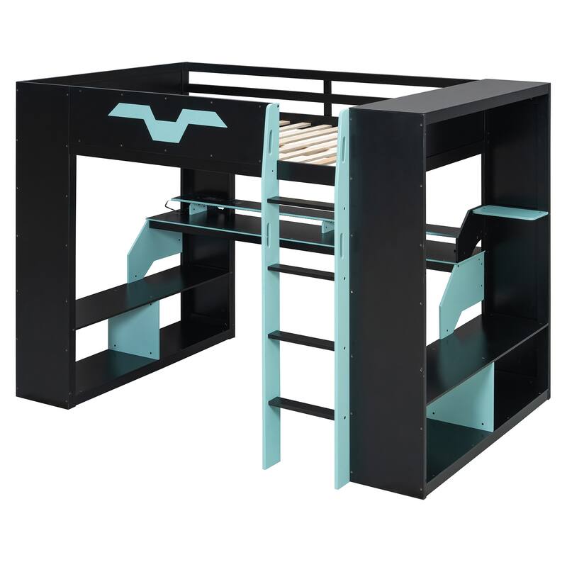 Roomfitters Full Gaming Loft Bed with Power Hub, RGB Lights and Cable Management