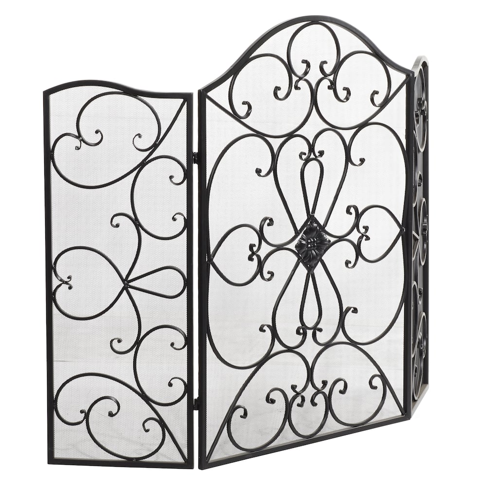 Metal Scroll Foldable 3 Panel Fireplace Screen with Mesh Netting - Black - Roche River Decor - 1"Wx49"Lx36"H