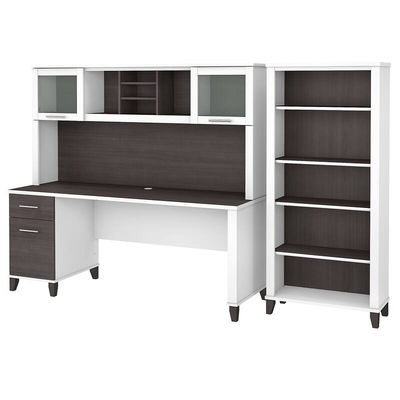 Somerset 72W Office Desk with Hutch and 5 Shelf Bookcase in Ash Gray