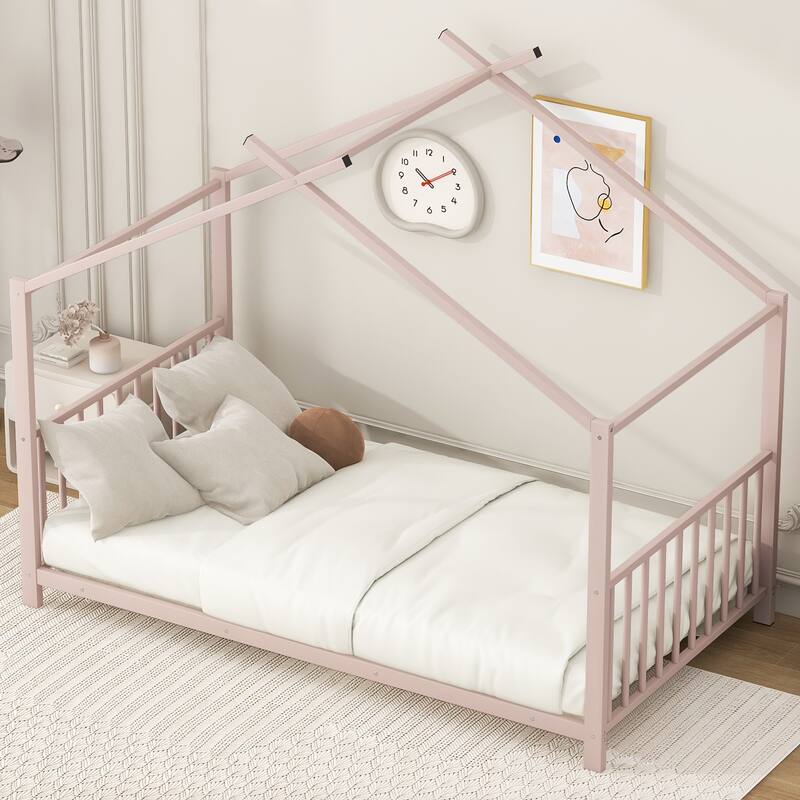 Roomfitters Twin Size House Bed, Modern Metal Floor Bed Frame with Roof, Sleek Scandi Style Sleep Space, Pink