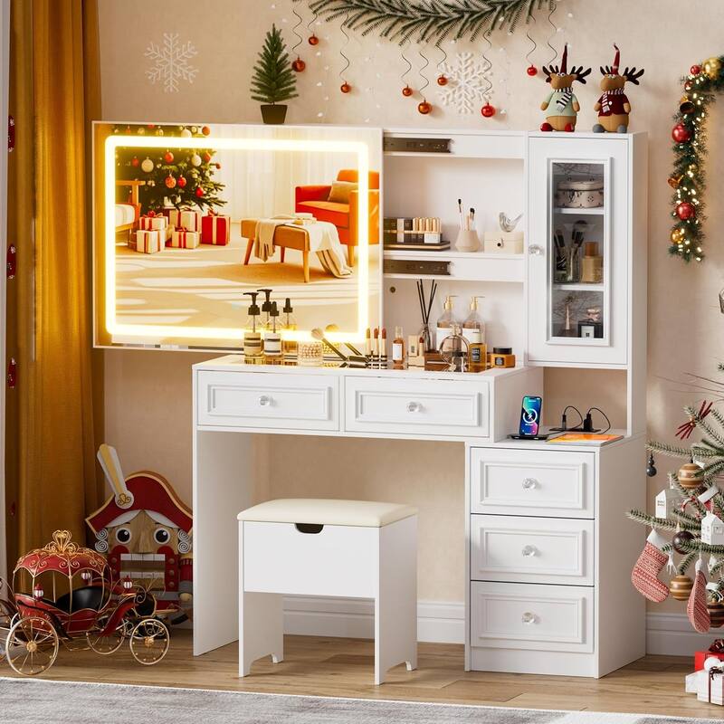 Vanity Desk Set with Sliding Lighted Mirror & Stool, 5 Drawers, Storage Cabinet, Charging Station - White