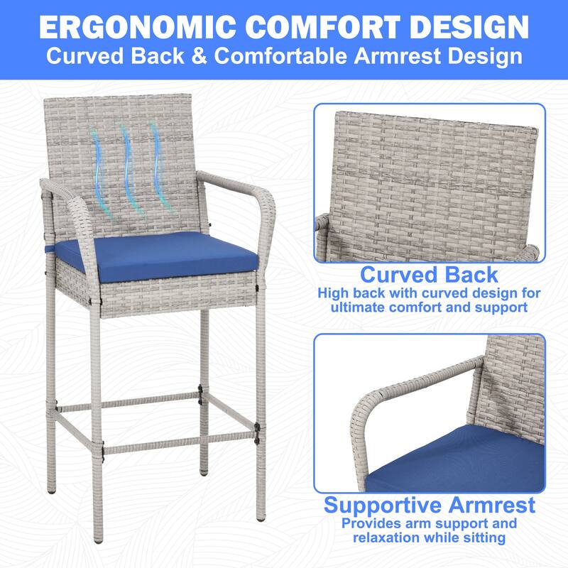 AVAWING All-Weather Wicker Bar Stools - Cushioned, Ergonomic, for Patio & Poolside - Black/Brown/Grey
