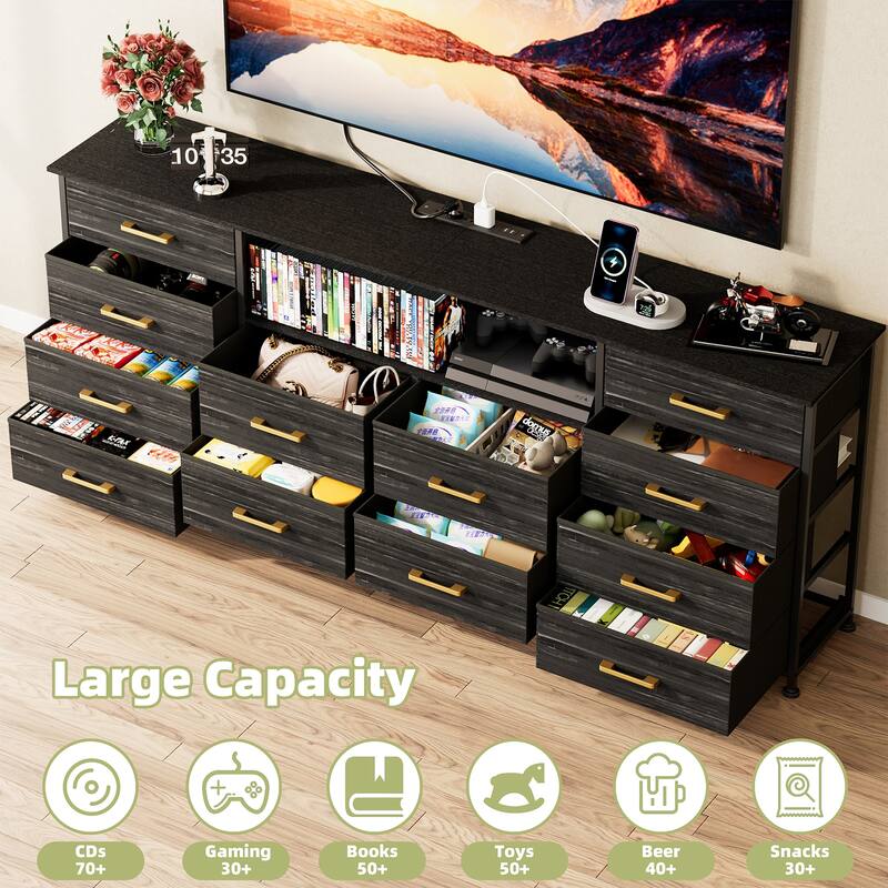 Dresser for Bedroom with Power Outlets And LED Lights, TV Pedestals, Large Size TV Stand with 12 Drawers