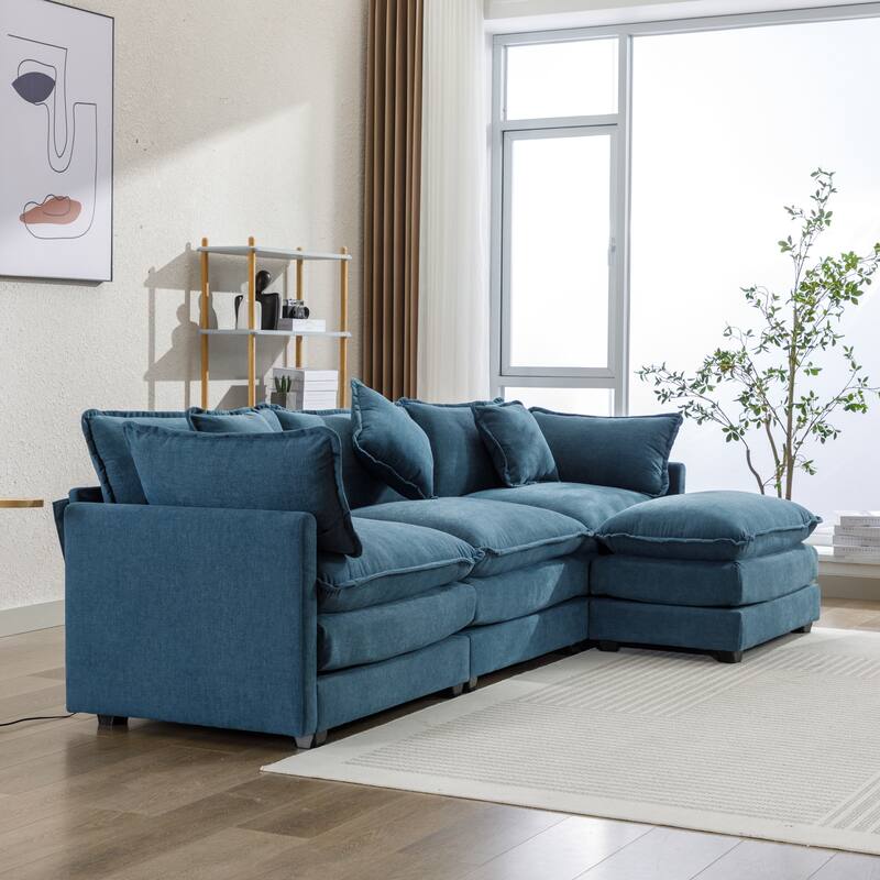 Blue 112.2" Modern L-Shaped 4-Seat Sectional Sofa with Removable Ottoman, 5 Plush Pillows, and Sturdy Frame