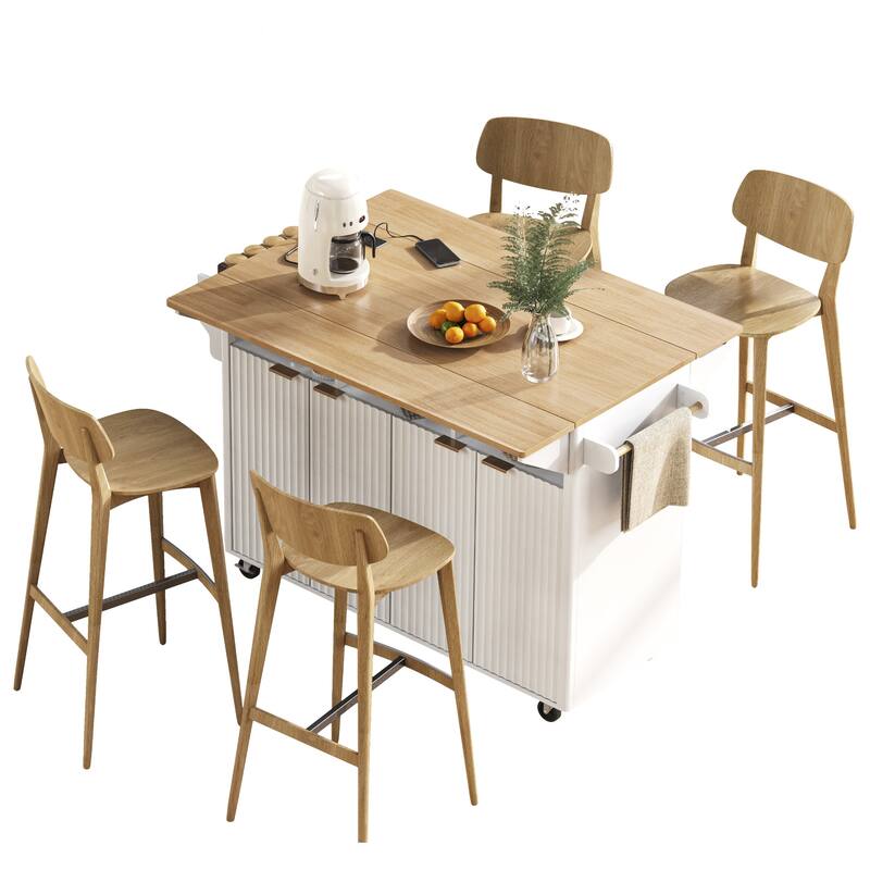 55.5" Fluted Kitchen Island with 2 Drop Leaf, Kitchen Storage Cart with Power Outlet, 4 Doors, Spice rack, Rolling Island Table