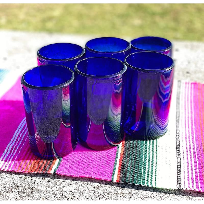 Dos Sueños Hand Blown Mexican Drinking Glasses - Set of 6 Cobalt Water Glasses (14 oz each)