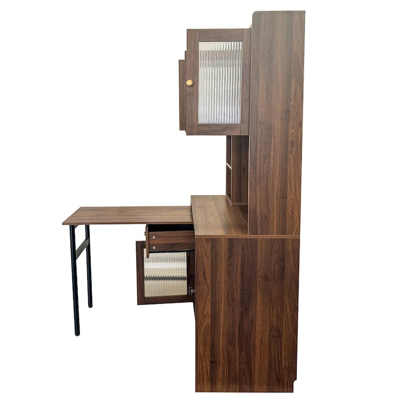 Rotating Computer Desk with Extendable Desktop, Modern Study Writing Desk with Glass Doors, Hutch & Bookshelf for Home Office