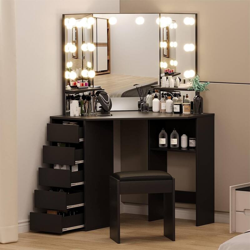Vanity Desk with Mirror and Lights, Corner Makeup Vanity Desk