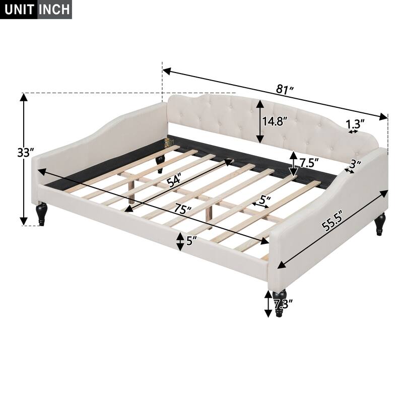 Minimalist Daybed Curve Design Soft Backrest Wood Slat Support, Full