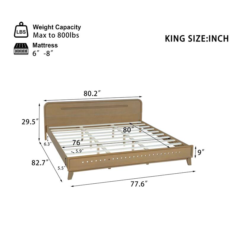 Rustic Pine Wood Bed Frame Low-Profile Platform Bed with Panel Headboard Solid Wood Slat Support and Extra Wide Thickened Legs