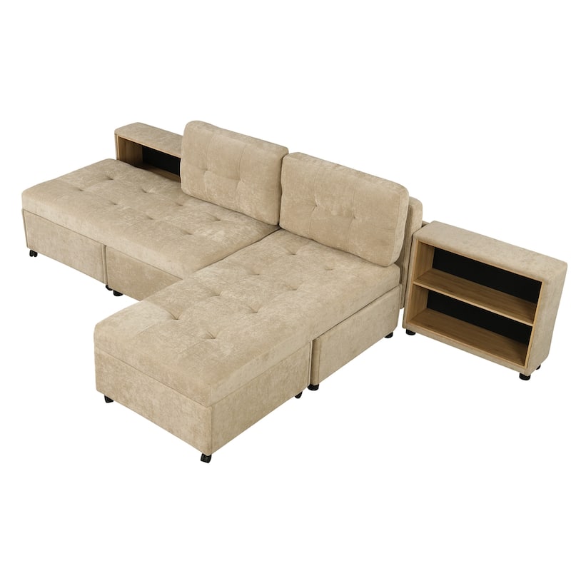 121.2" Chenille Modular Sofa Bed with Two Storage Racks, Free-Combined Design, and Smooth-Rolling Wheels