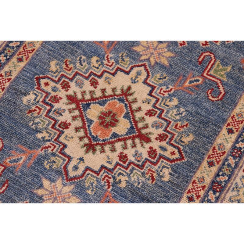 Rustic Kazak Marc Light Blue/Beige Wool Runner - 2'9'' x 9'6''
