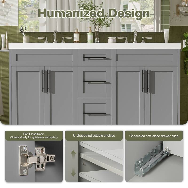 59" Double Sink Bathroom Vanity with SMC Top, Solid Wood Frame & Soft Close Doors, Gray Storage Cabinet