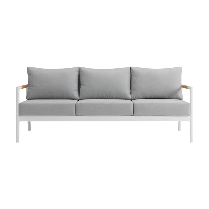 Crown White Aluminum and Teak Wood Outdoor Sofa with Gray Cushions