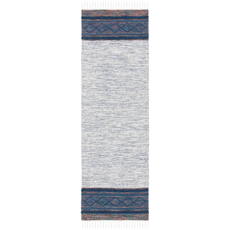 SAFAVIEH Handmade Montauk Natalie Boho Cotton Fringe Rug - 2'3" x 7' Runner - Navy/Beige