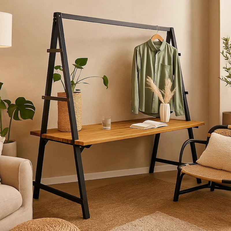 Jo Outdoor Pergola Table, Black Metal Frame, Slatted Teak Brown Wood