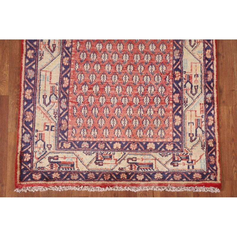 Hand Knotted Oriental 100% Wool Carpet Traditional All-Over Red Botemir Runner Rug - 10' 3'' X 3' 6''