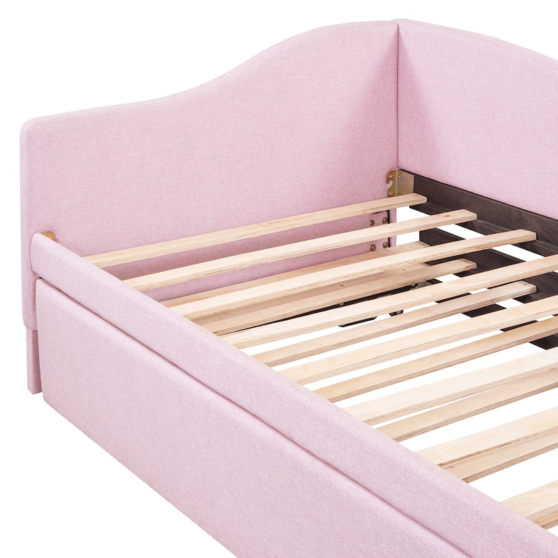 Twin Size L-Shaped Upholstered Daybed with Pop-Up Trundle in Pink