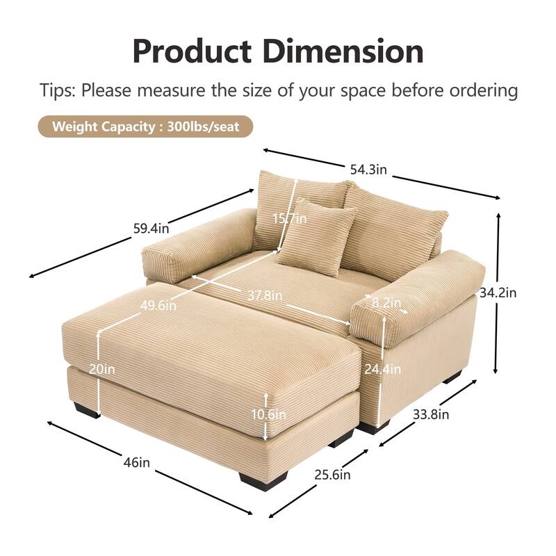 Rossetta Modern 54.3" Oversized Soft Cloud Corduroy Upholstery Extra-Thick Armrests Couch with Throw Pillows, 1 Movable Ottoman