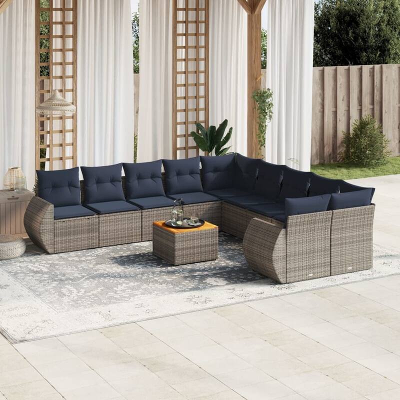 vidaXL 11 Piece Patio Sofa Set with Cushions Gray Poly Rattan - 117.3x33.5x113.8