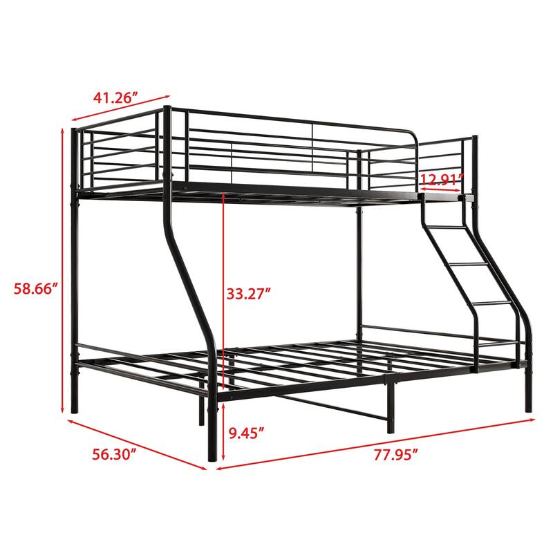 Sturdy Metal Twin-Over-Full Bunk Bed Frame with Safety Guardrails and Inclined Ladder, No Box Spring Required