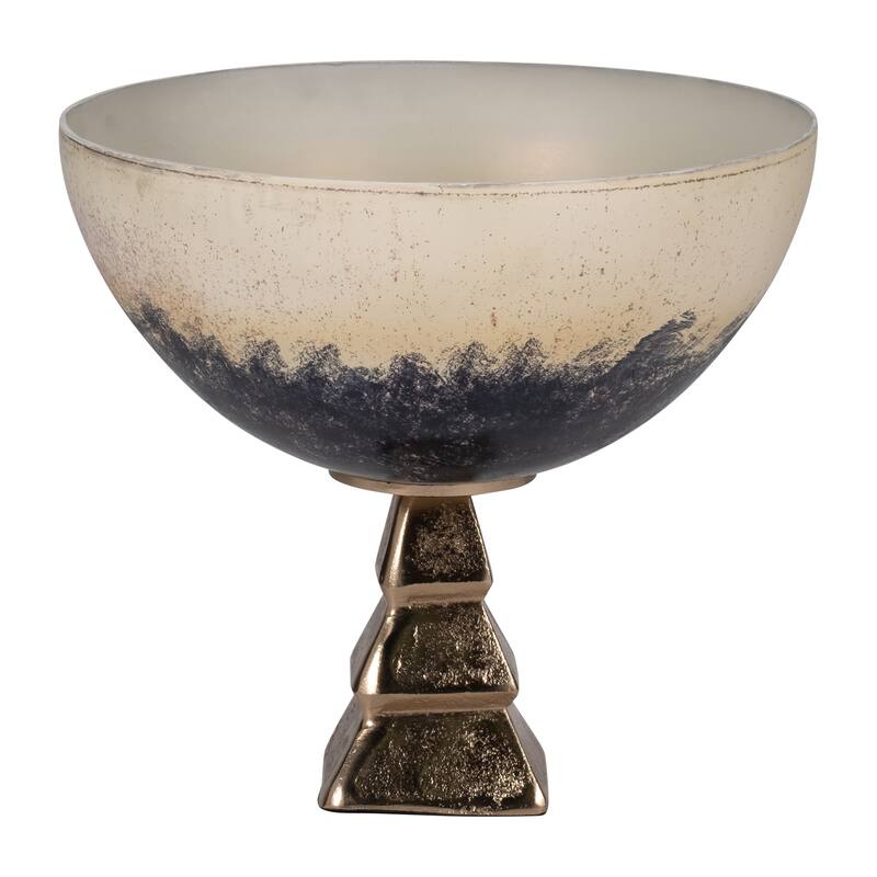 Modern Decorative Round Metal Bowl with Stand - 11", Ivory & Blue - 11.0"