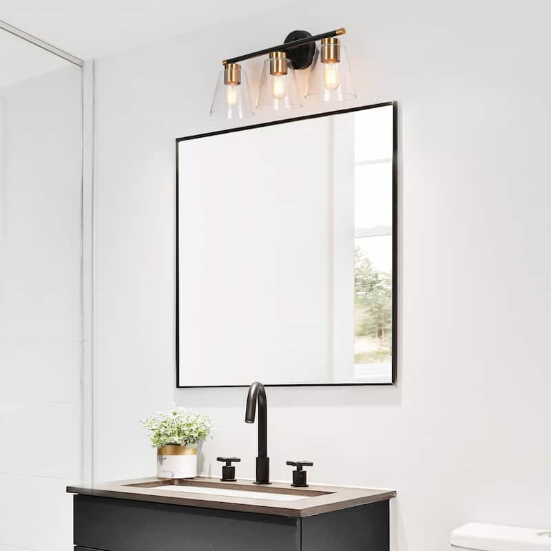 Fnly Modern Farmhouse 3-light Black Gold Bathroom Vanity Light LED Dimmable Cone Sconce with Clear Glass
