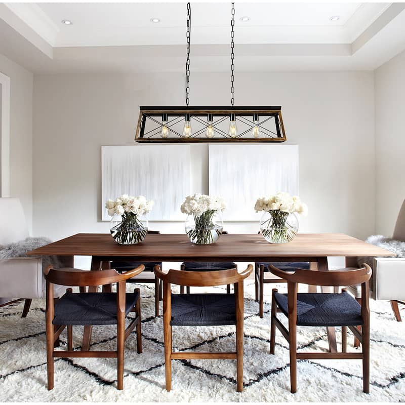 5-Light Square/Rectangle Farmhouse Chandelier For Kitchen Island With Wrought Iron Accents