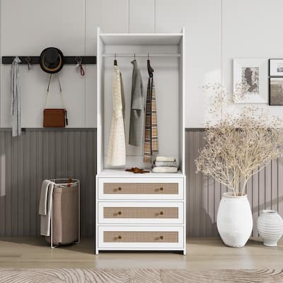 Wardrobe with 3 Drawers High Wardrobe Armoire With Rattan For Living Room, Bedroom Organizer