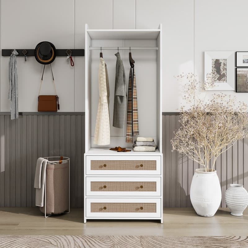 Wardrobe with 3 Drawers High Wardrobe Armoire With Rattan For Living Room, Bedroom Organizer