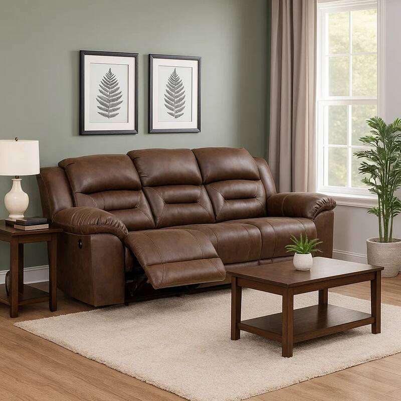 Aky 90 Inch Manual Recliner Sofa, Cushioned Seat, Dark Brown Faux Leather