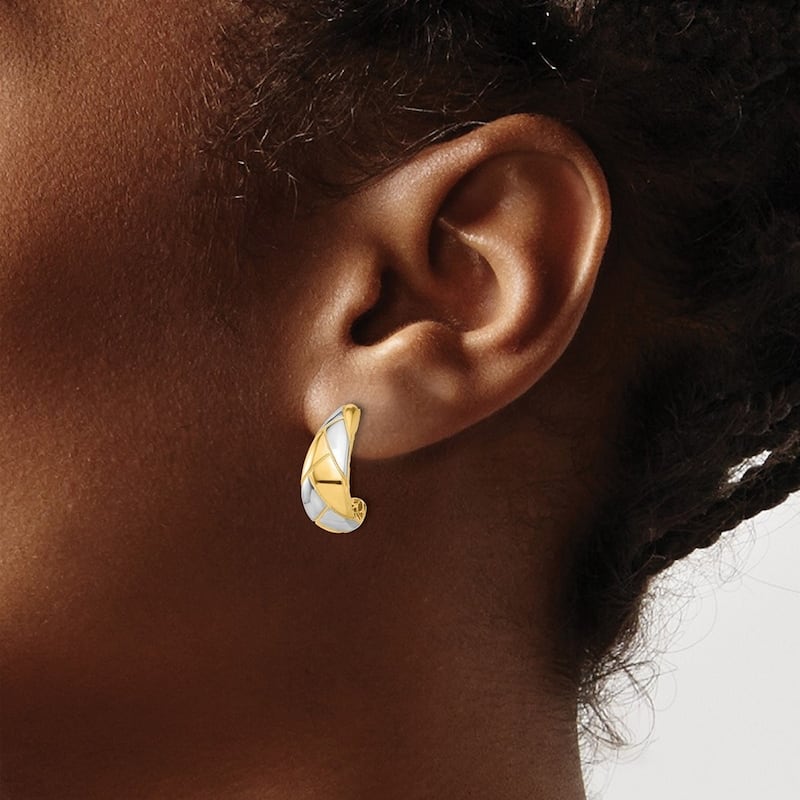 Curata 14k Yellow Gold White Rhodium Polished and Etched J hoop Post Earrings - 17.25x7mm
