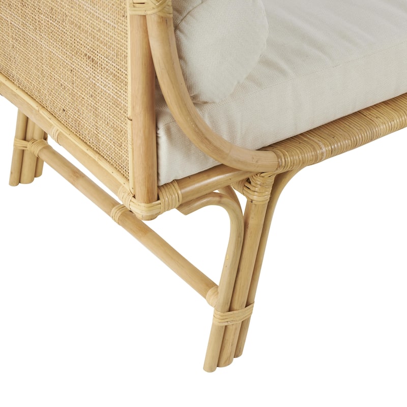 Rattan Wrapped Home Bench with White Fabric Seat and Side Cushions - Light Brown - Roche River Decor - 30"W x 61"L x 29"H