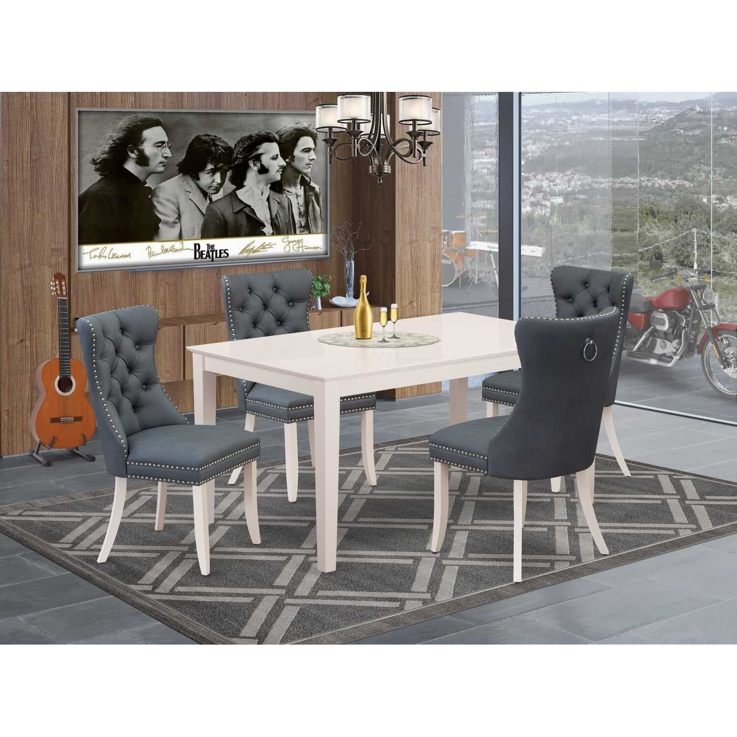 5-Piece Rectangular Linen White Finish Solid Wood Top-Upholstered Dining Room Set-Seats 4