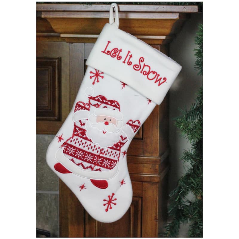 19" Red White "Let It Snow" Santa Claus Embroidered Christmas Stocking
