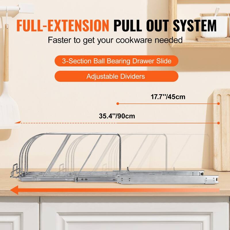 Chrome Plated Carbon Steel Expandable Pan and Pot Rack Tray Organization with 3-Section Ball-Bearing System