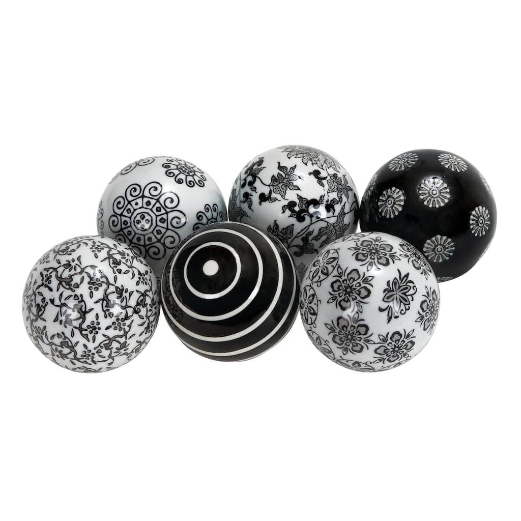 Ceramic Floral Handmade Glossy Decorative Orbs & Vase Filler with Varying Patterns - Set of 6 Black or Blue - Roche River Decor