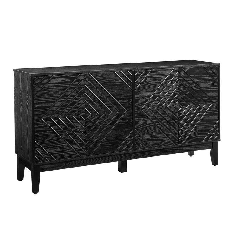 Farmhouse Fluted Buffet Cabinet with Concealed Handle Cabinet Doors for Living Room, Kitchen and Dining Room, Black