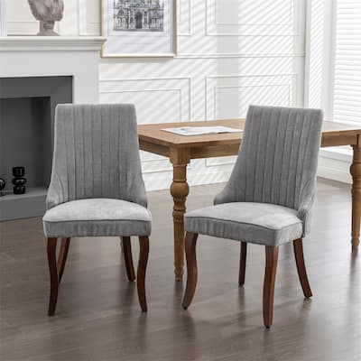 Linen Dining Chairs with Curved Solid Wood Legs (Set of 2)